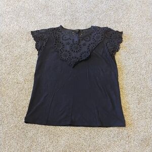 J Crew Women's Size Large Navy Embroidered Eyelet Flutter Sleeve Shirt